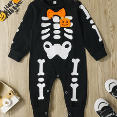 Baby Cotton Romper Halloween & Skull Graphic Bow Long Sleeve Creeper Jumpsuit