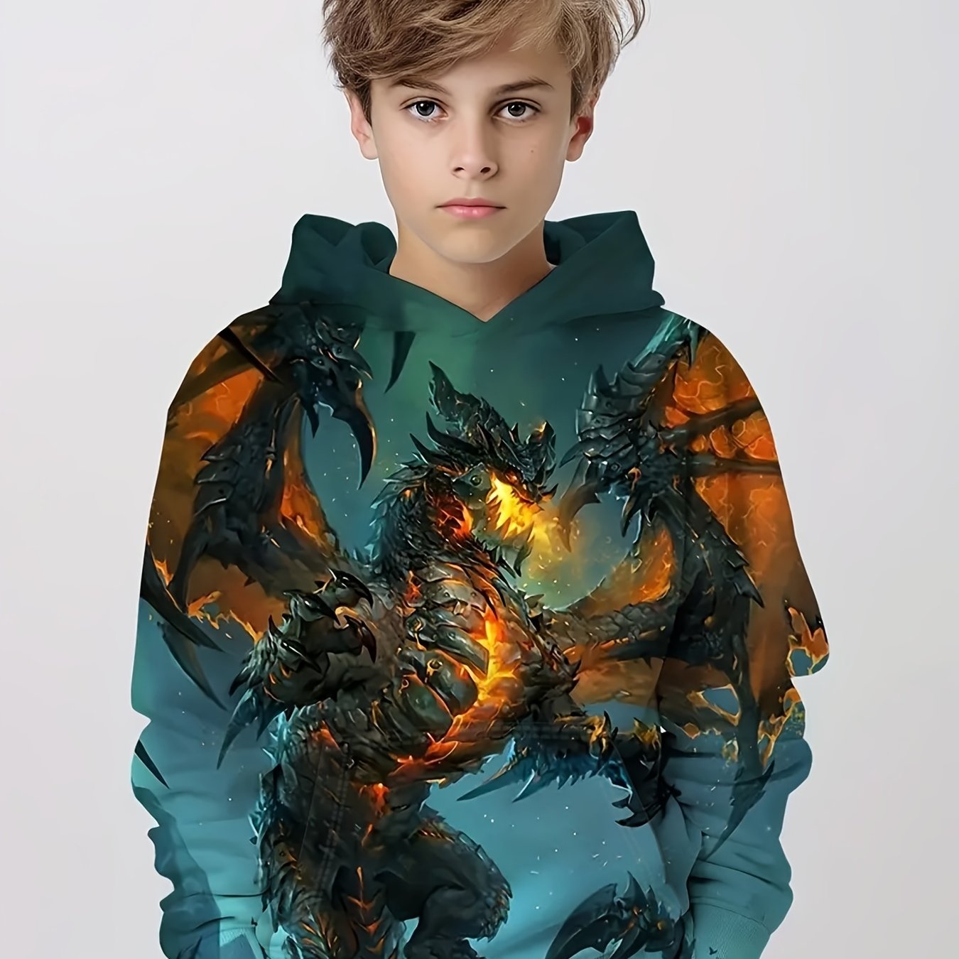 Dragon 3D Print Boys Casual Pullover Hooded Sweatshirt
