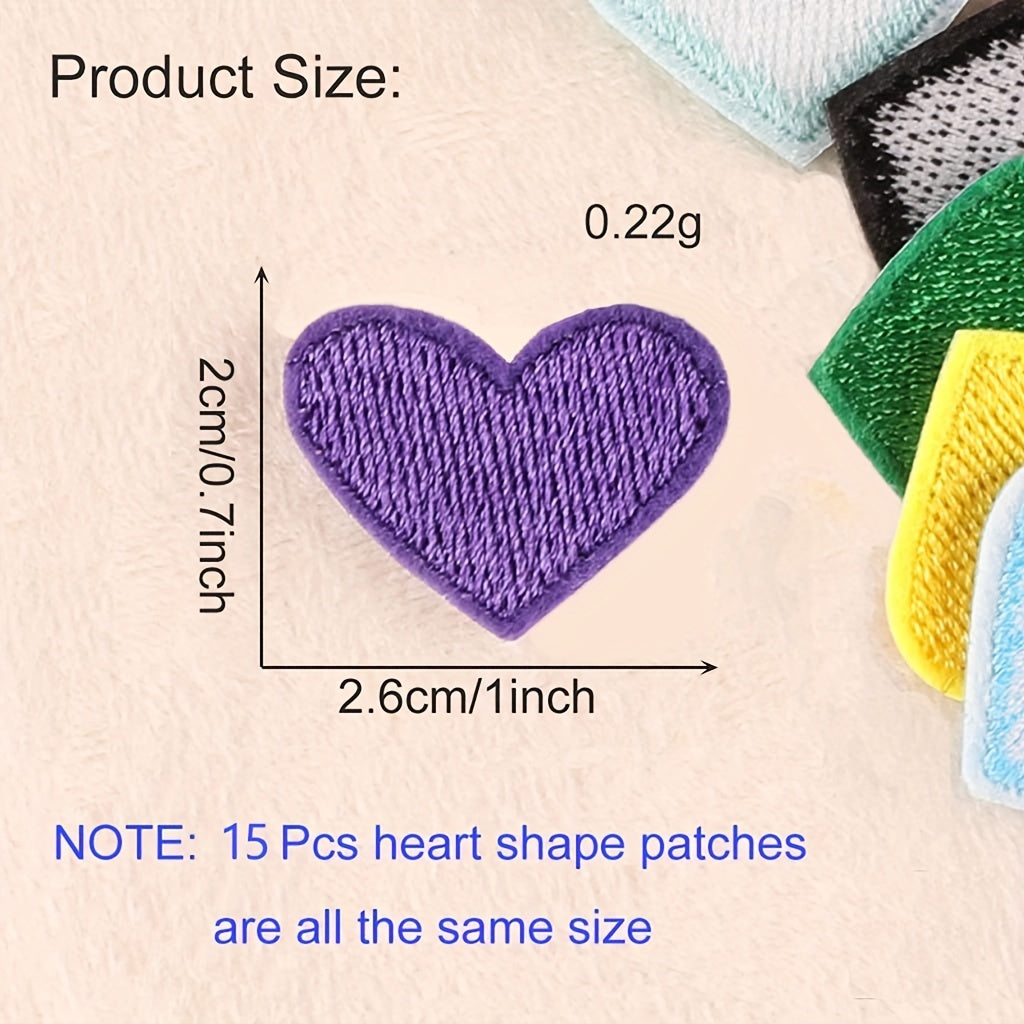 15pcs Heart Shape Iron On Patches - 15 Colors Small Heart Sew On Applique