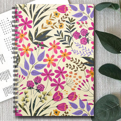 Floral Spiral Notebook Journal Pink & Purple Flower on Beige Background