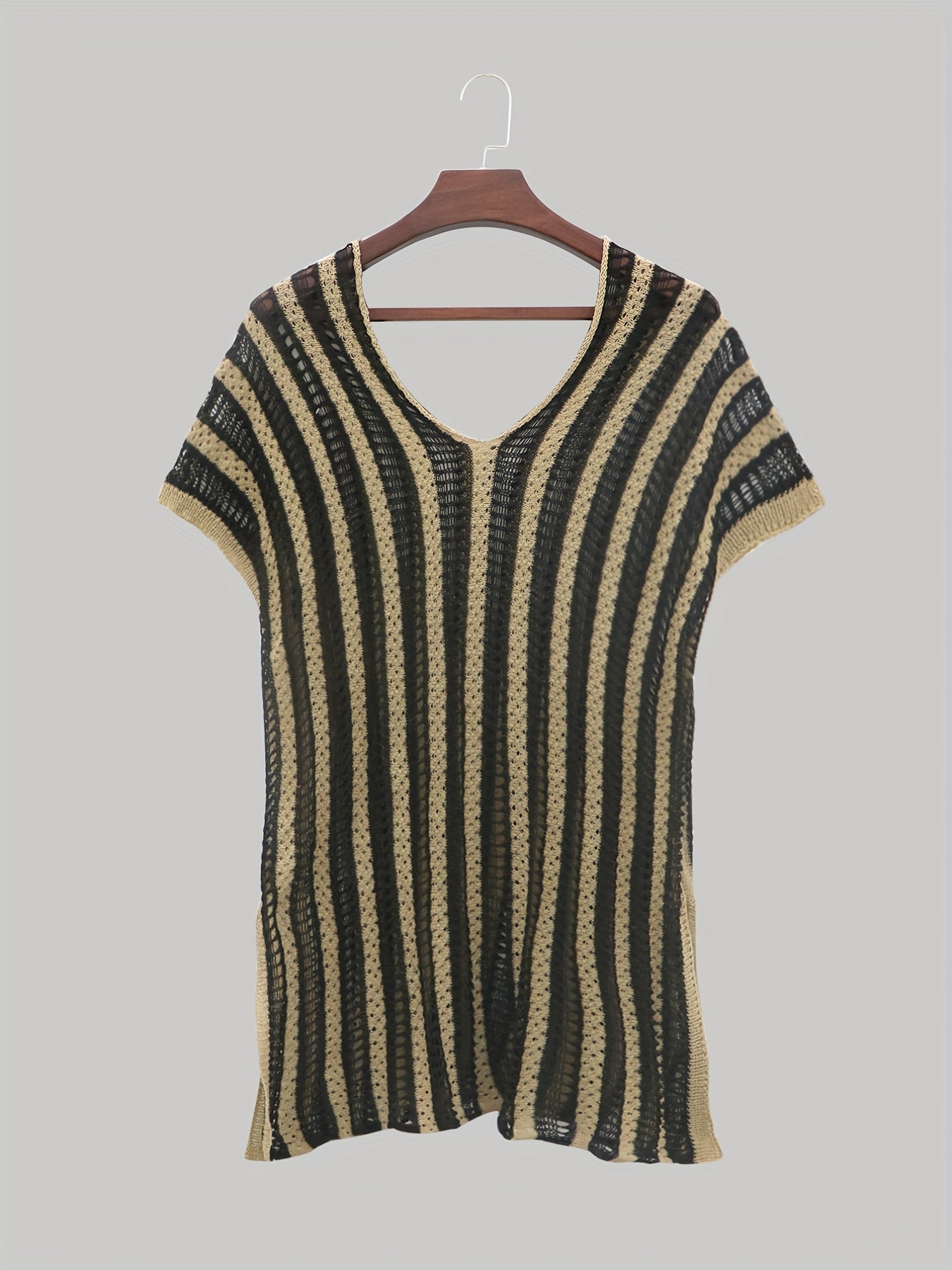 Contrast Sexy Cover Up Crochet Stripped Short Sleeve Plus Size Shirt