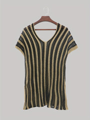 Contrast Sexy Cover Up Crochet Stripped Short Sleeve Plus Size Shirt