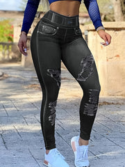 Jeans Print Skinny Yoga Leggings High Waist Lifting