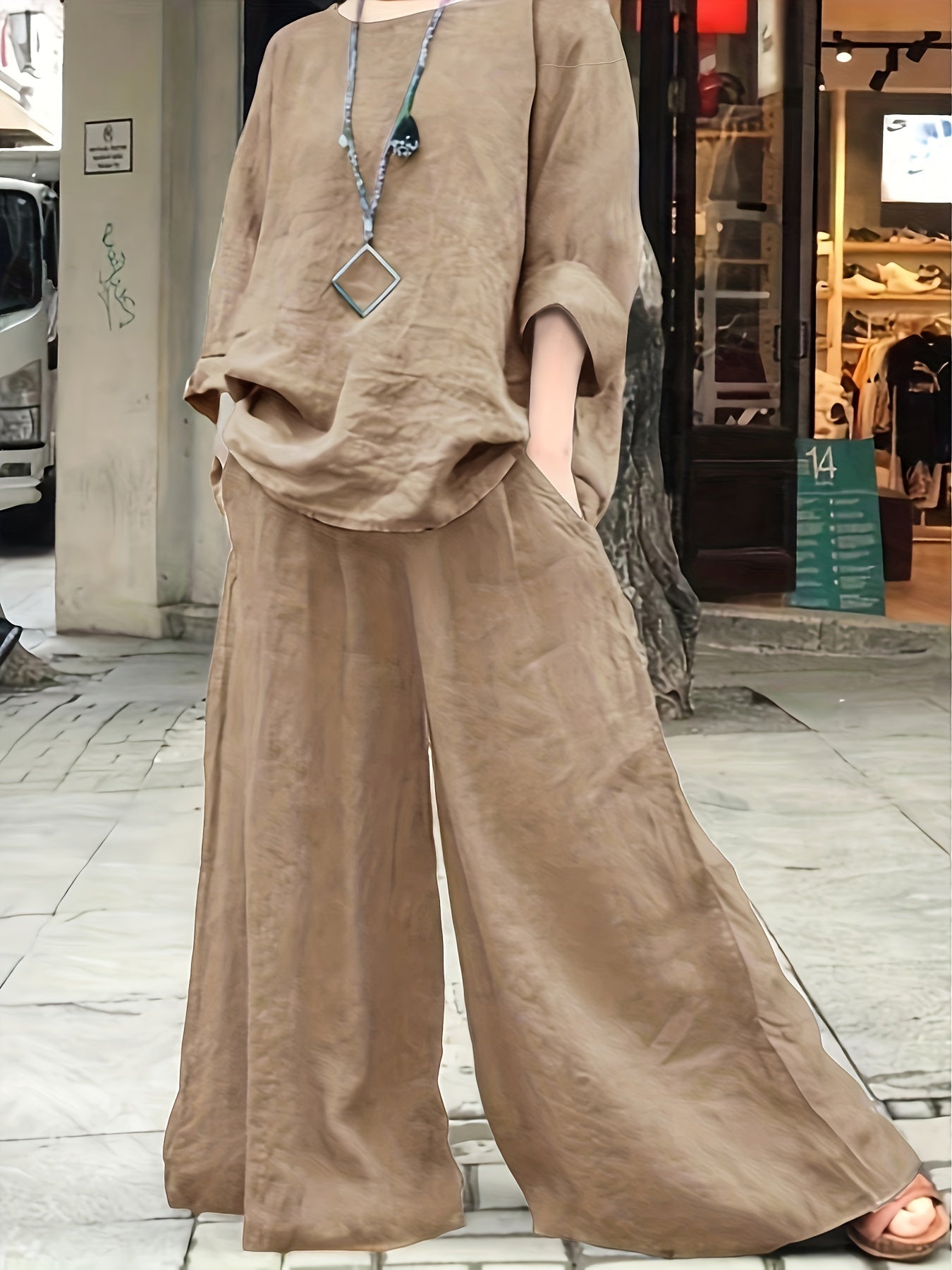 Casual Outfits Set Women's Plus Solid Top & Wide Leg Pants