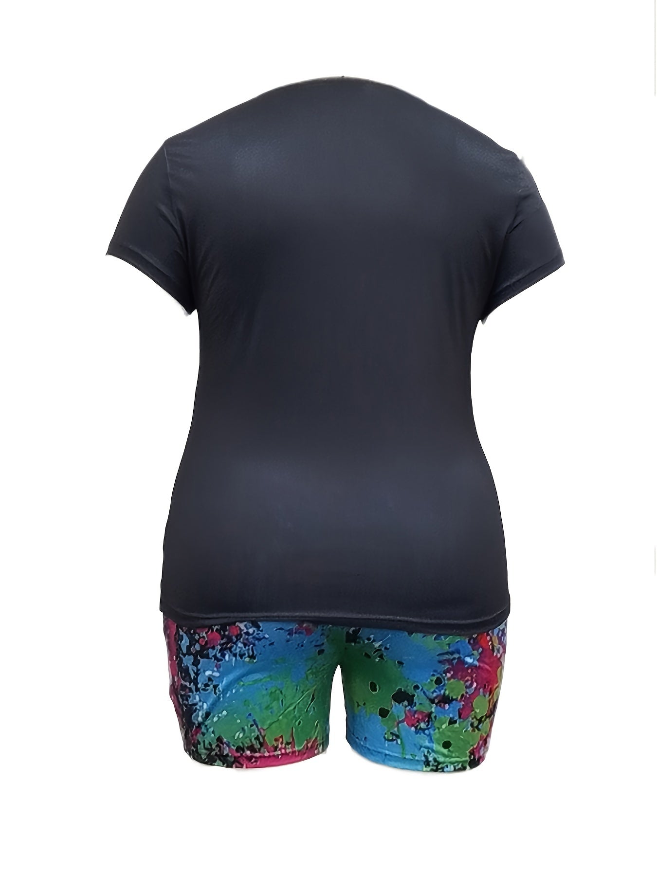 Women's Plus Lip Print Short Sleeve Tee & Painting Print Shorts Set