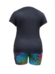 Women's Plus Lip Print Short Sleeve Tee & Painting Print Shorts Set