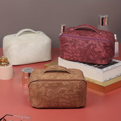 Vintage Floral Cosmetic Bag with Handle Large Capacity Makeup Organizer