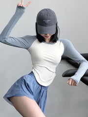 Pleated Sports Tee Long Sleeve Asymmetrical Running T Shirt