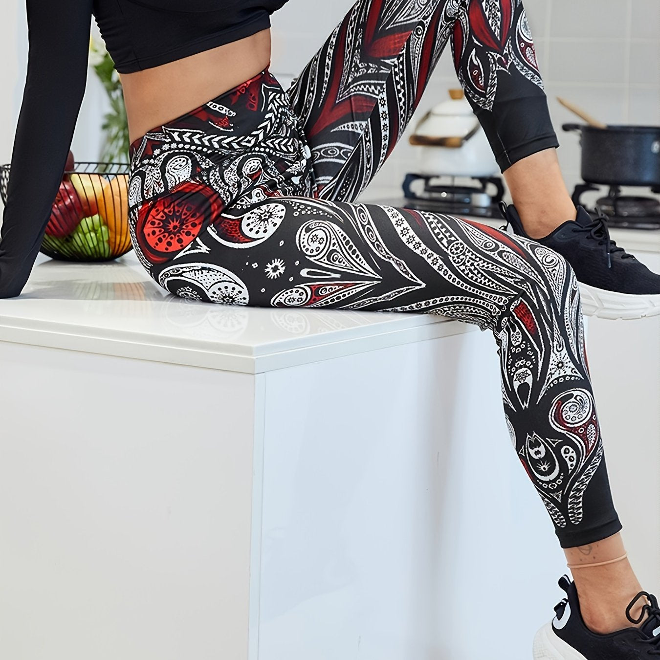High Waisted Digital Print Leggings with Stripe Detail