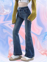 Frayed Trim Pintuck Jeans High Waist Slim Fit Flared Jeans