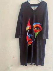 Women's Abstract Face Print Long Sleeve V Neck Dress