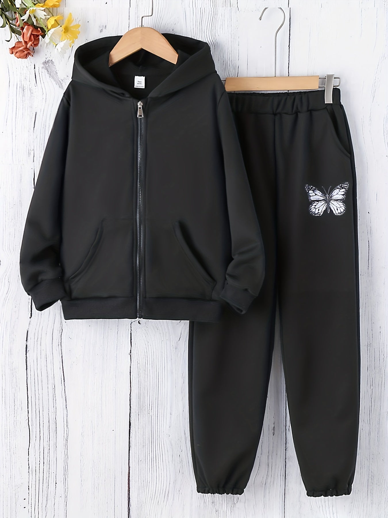 Girl's Butterfly Outfit Zip Hoodie & Sweatpants Set for Spring Fall