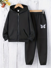 Girl's Butterfly Outfit Zip Hoodie & Sweatpants Set for Spring Fall