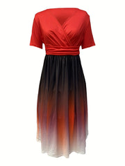 Ombre Print Surplice Neck Ruched Dress
