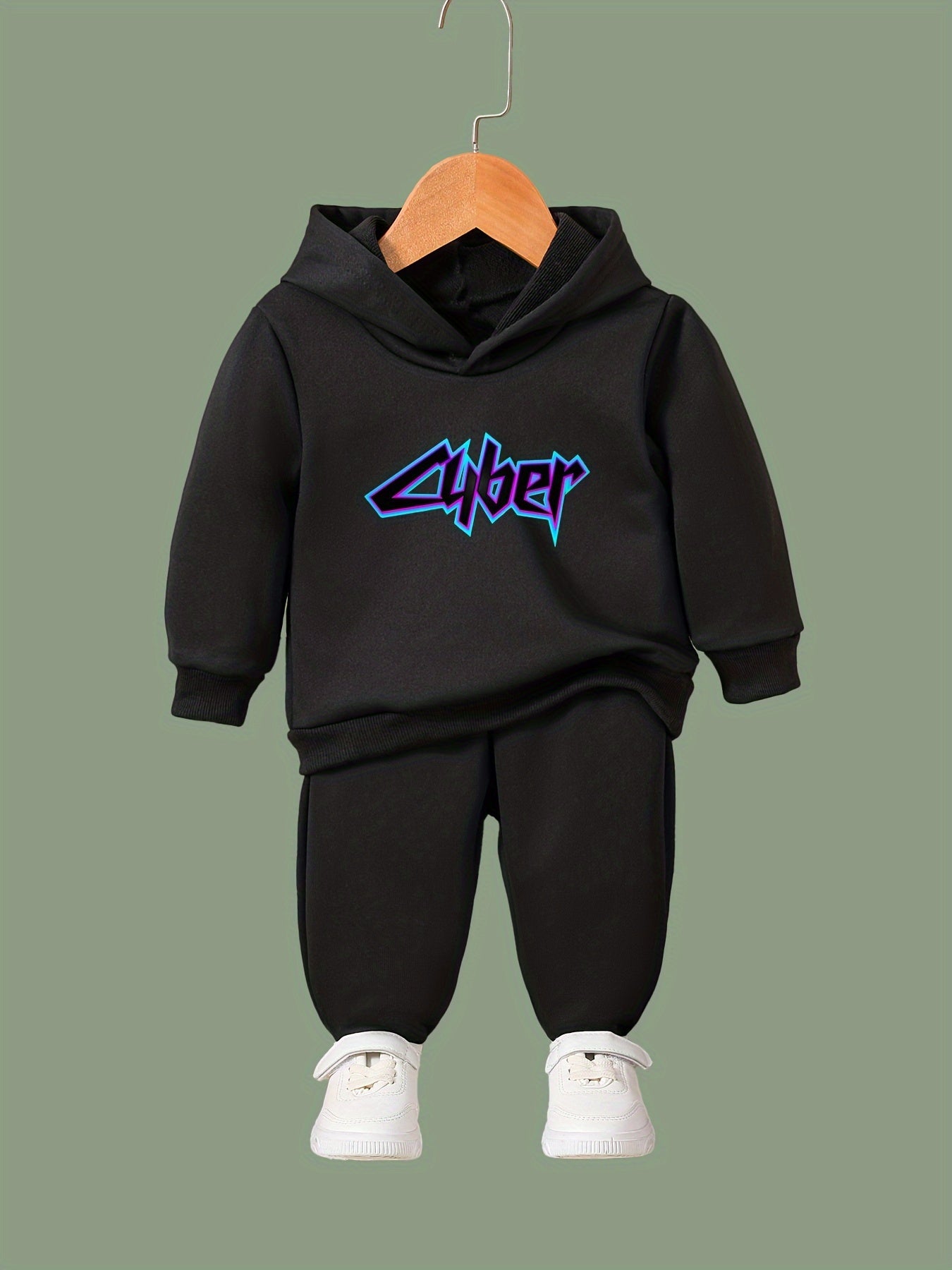 OERYUI Cyber Letter Print Hooded Pullover Pants Set for Sports
