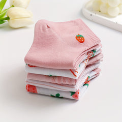 5 Pairs Strawberry Print & Striped Ankle Socks Women's Stockings
