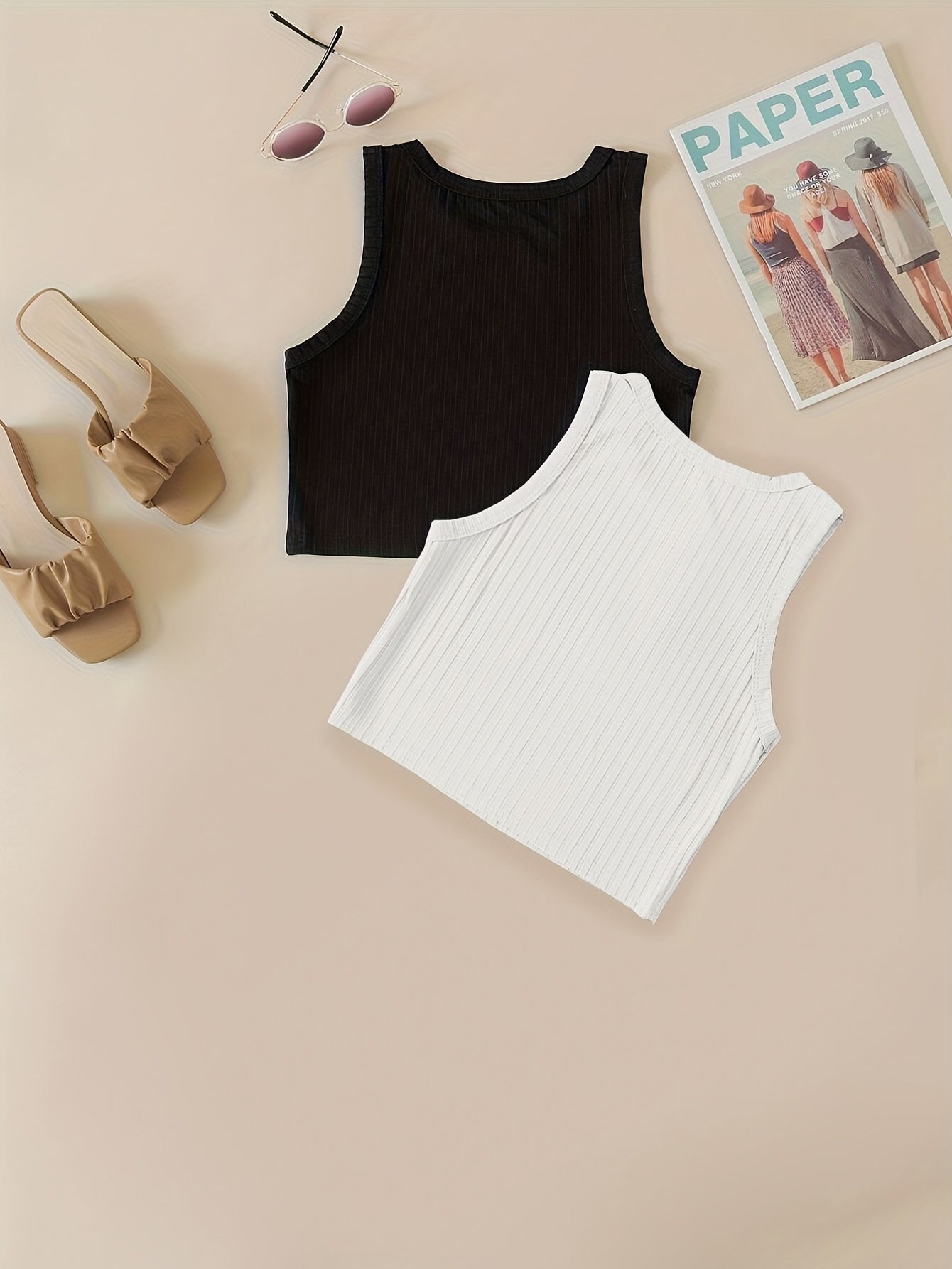 2 Pack Ribbed Tank Tops Crew Neck Sleeveless Women's Summer Top
