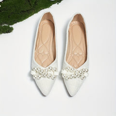 Women's Pointed Toe Flat Shoes with Faux Pearl Bowknot