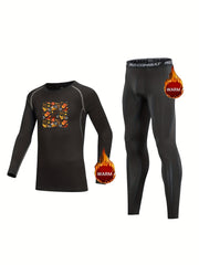 Kids Compression Fleece Sets Cowboy Hat Pattern Pullover Elastic Waist Pants