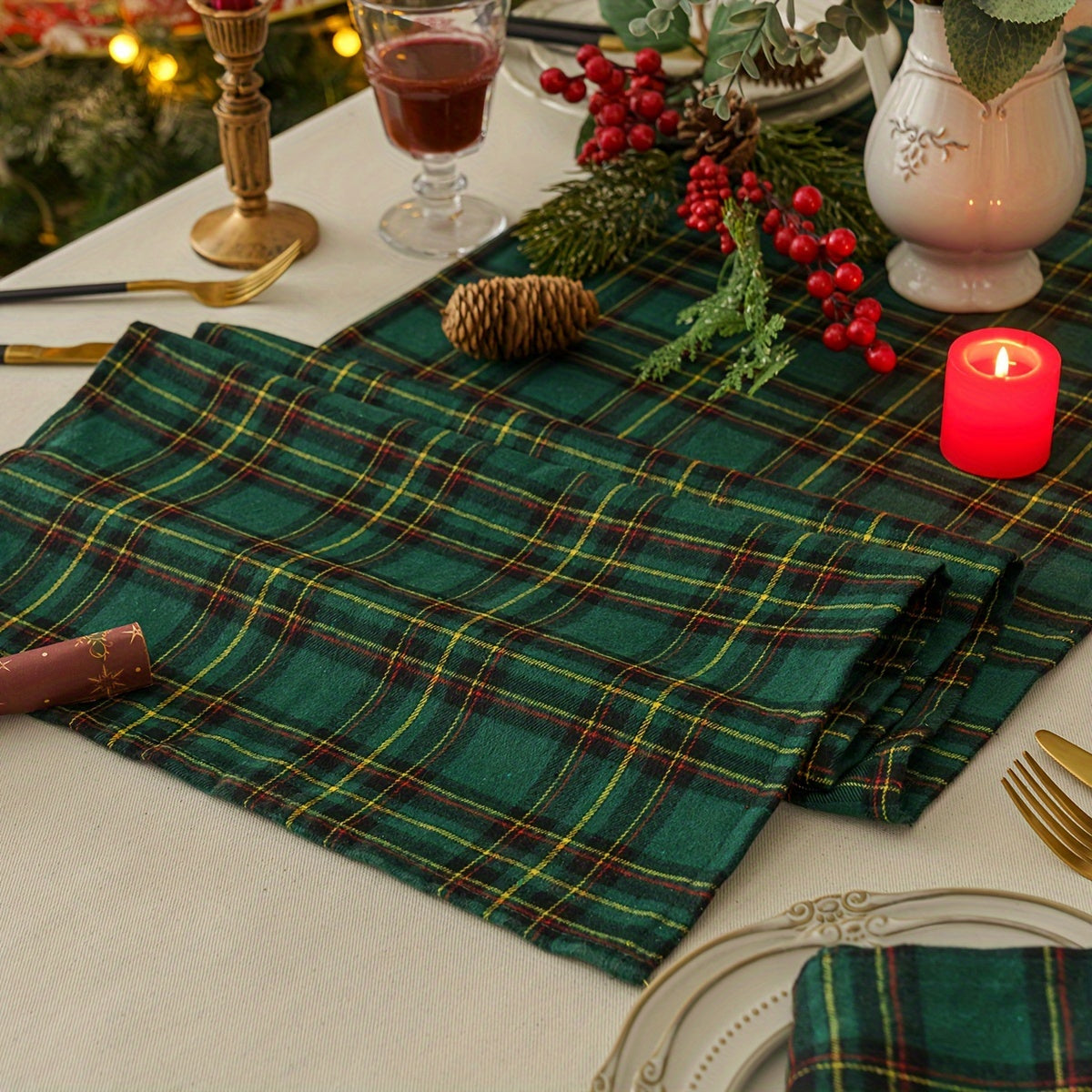 Christmas Green Yellow Plaid Table Runner Home Restaurant Hotel Mat
