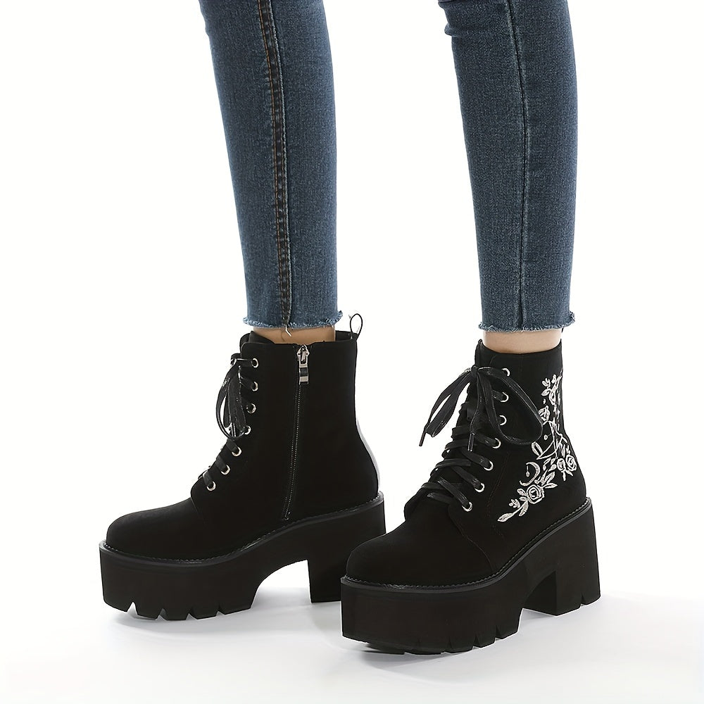 Women's Side Zipper Boots with Flower Embroidery Details