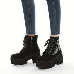 Women's Side Zipper Boots with Flower Embroidery Details