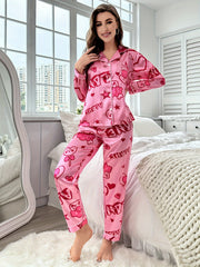 Heart & Letter Print Lounge Set Long Sleeve Top & Pants Women's Loungewear