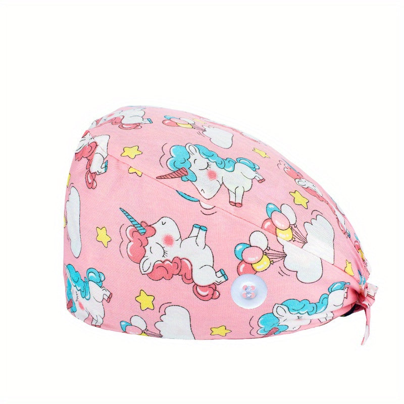 Cartoon Print Work Cap Casual Nurse Hats Elastic Lace Up Cap
