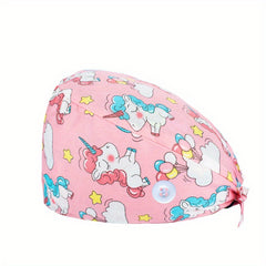 Cartoon Print Work Cap Casual Nurse Hats Elastic Lace Up Cap