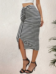 Striped Split Bodycon Tie Front Skirt for Spring & Summer