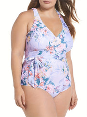 Floral Print Surplice Neck One Piece Swimsuit With Belt