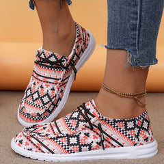 Geometric Printed Lace-Up Flat Shoes Round Toe Lightweight Walking Shoes