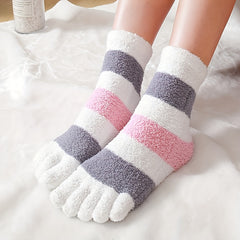 Colorblock Striped Socks Warm & Comfy Fuzzy Five Fingers Stockings