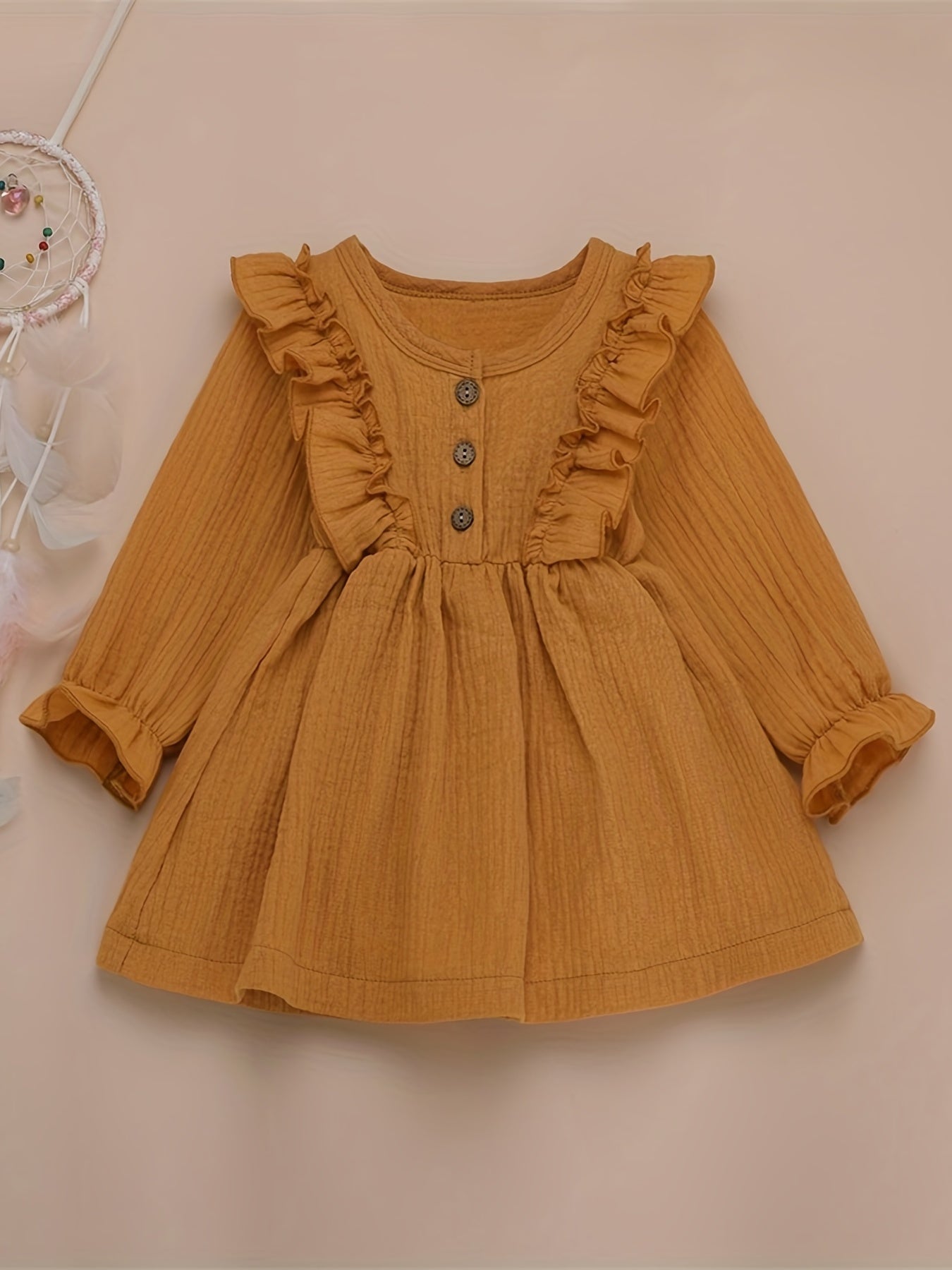 Girls Ruffle Trim Button Long Sleeve Dress