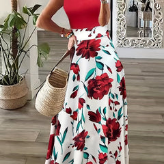 Colorblock Flower Print Sleeveless Maxi Dress