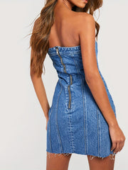 Raw Cut Denim Dress Off the Shoulder Zip Back Bandeau Slim Fit Denim Dress
