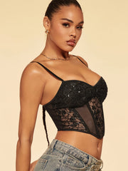 Mesh Cami Corset Bustier Sequin Decor Zipper Shaper Lingerie