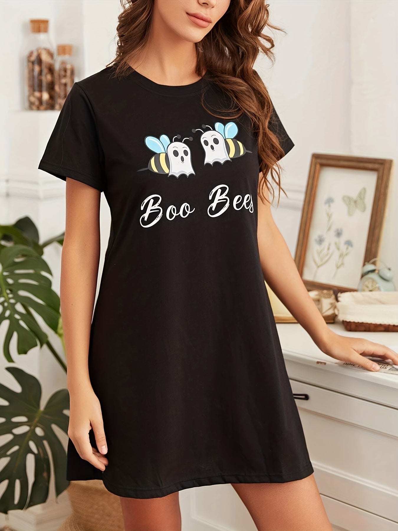 Bee Print Lounge Dress Short Sleeve Home Dress Women's Loungewear