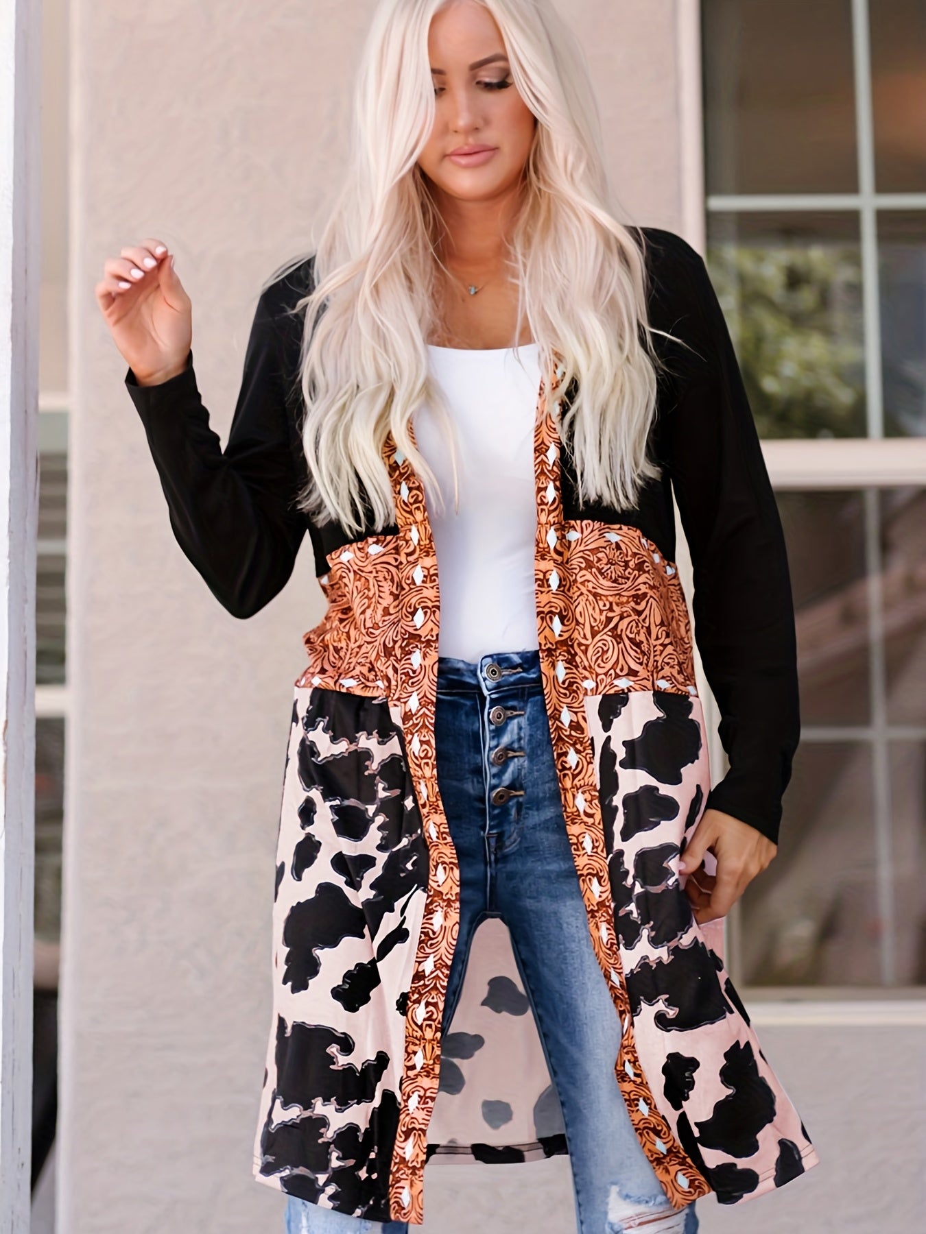 Cow Print Patchwork Open Front Jacket