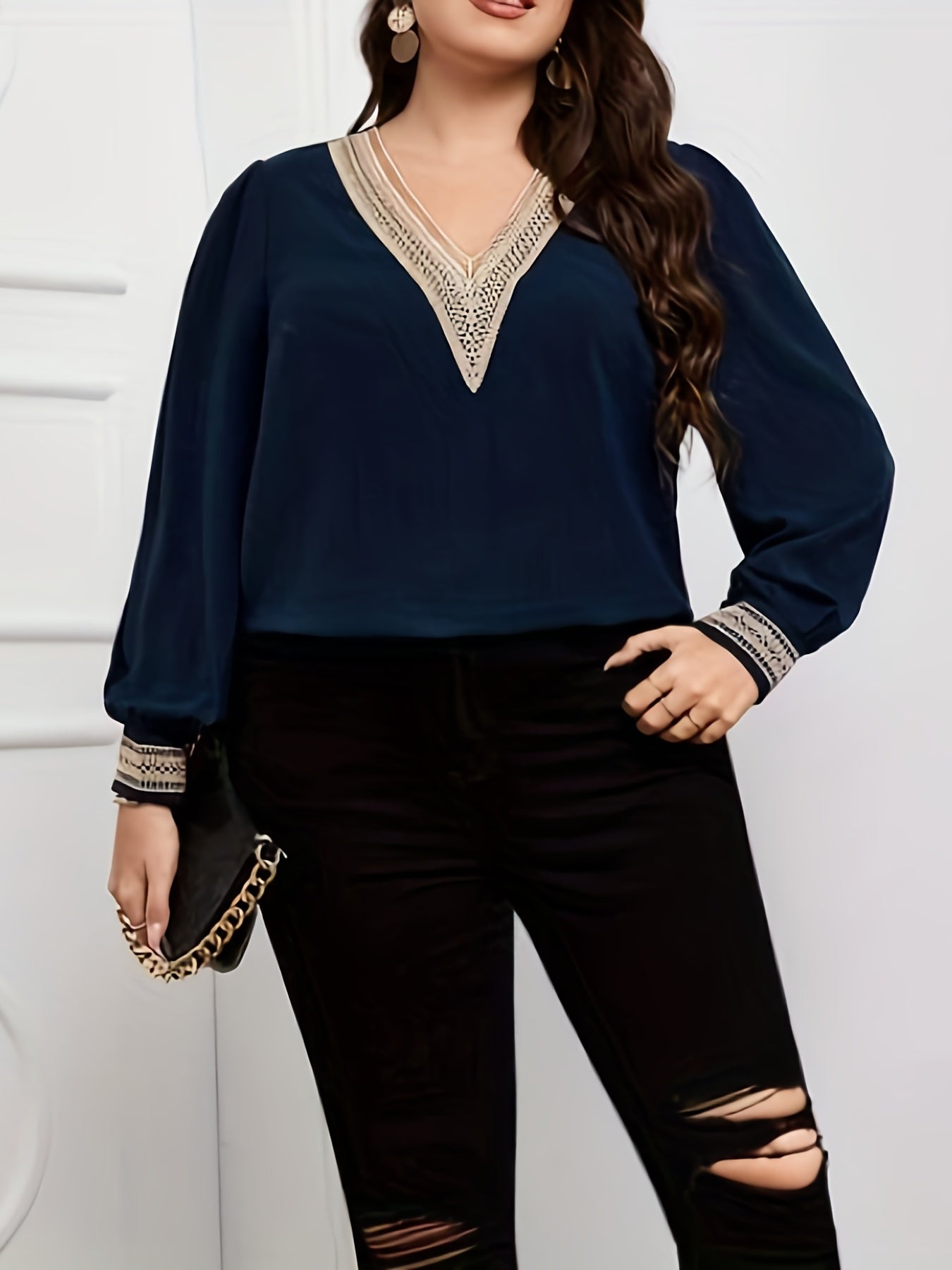 Colorblock Lace Panel Lantern Sleeve Blouse
