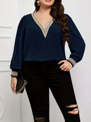 Colorblock Lace Panel Lantern Sleeve Blouse