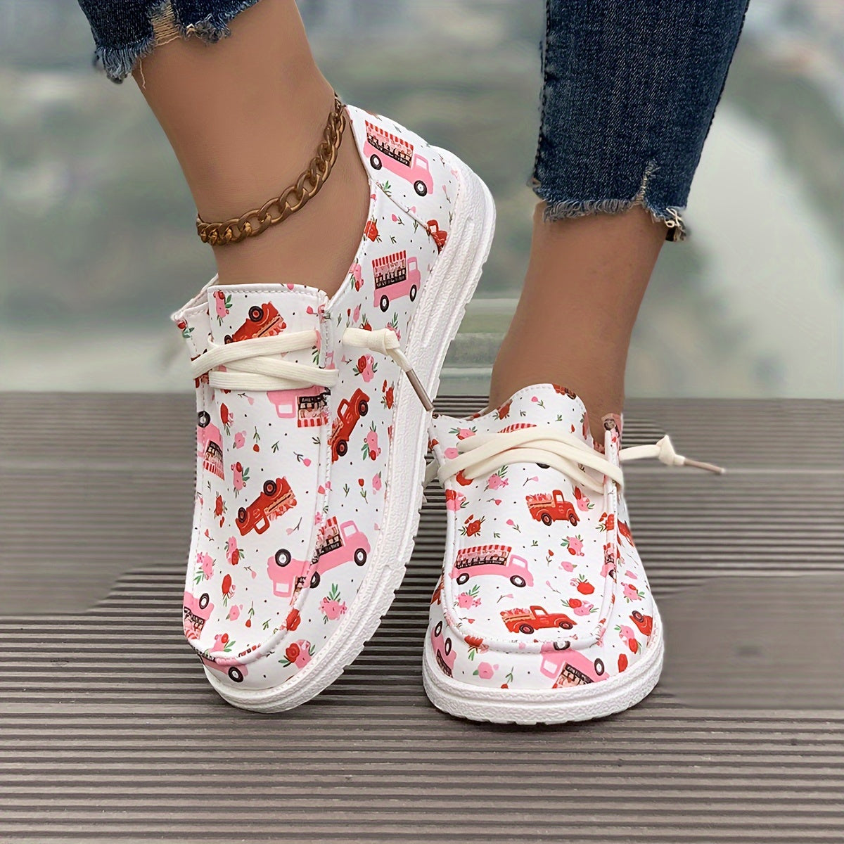 Women's Skateboard Shoes Rose Happy Truck Cartoon Flat Lace-up Canvas