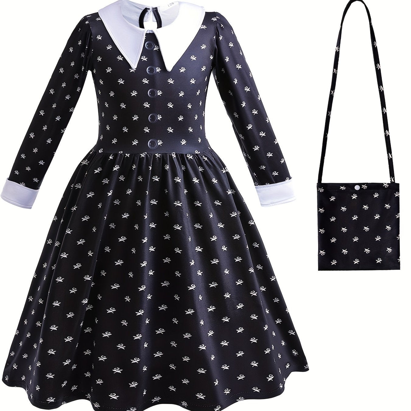 Kid Girls Collared Long Sleeve Tunic Dress With Bag Accessories Halloween Party