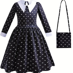 Kid Girls Collared Long Sleeve Tunic Dress With Bag Accessories Halloween Party