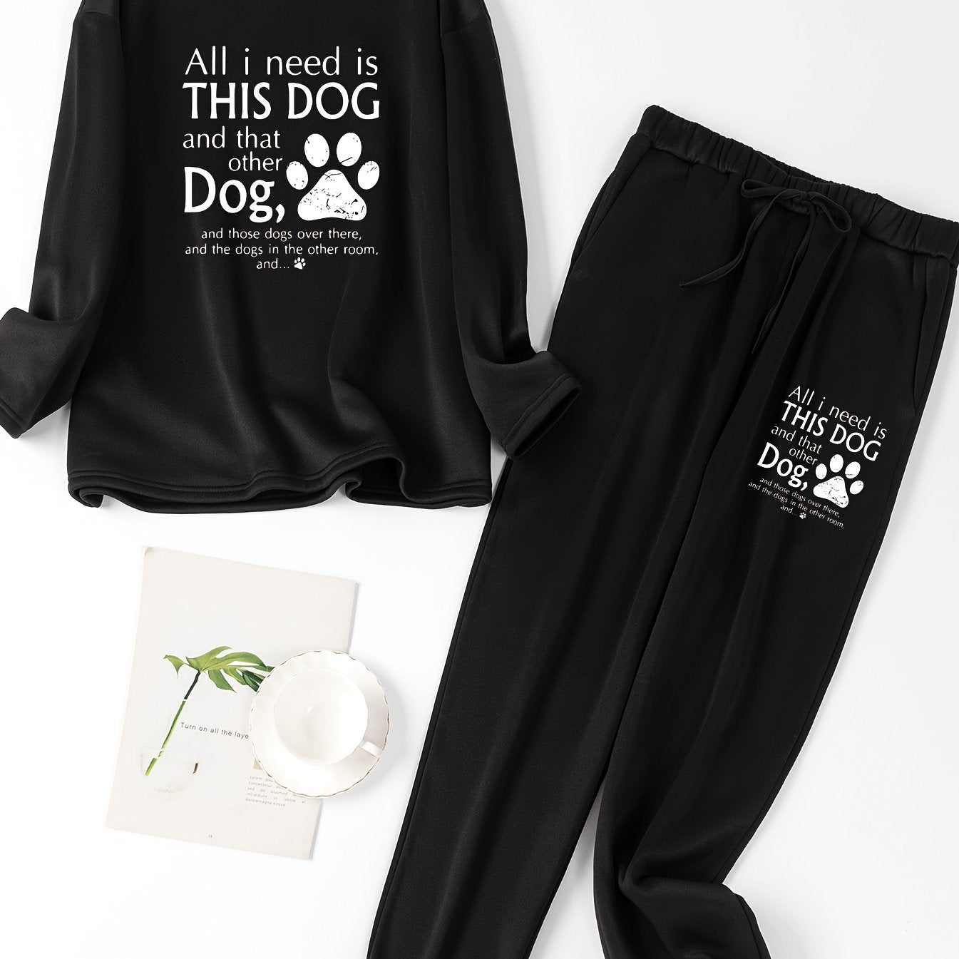 Lounge Set Women's Slogan Print Fleece Top & Joggers Pajamas