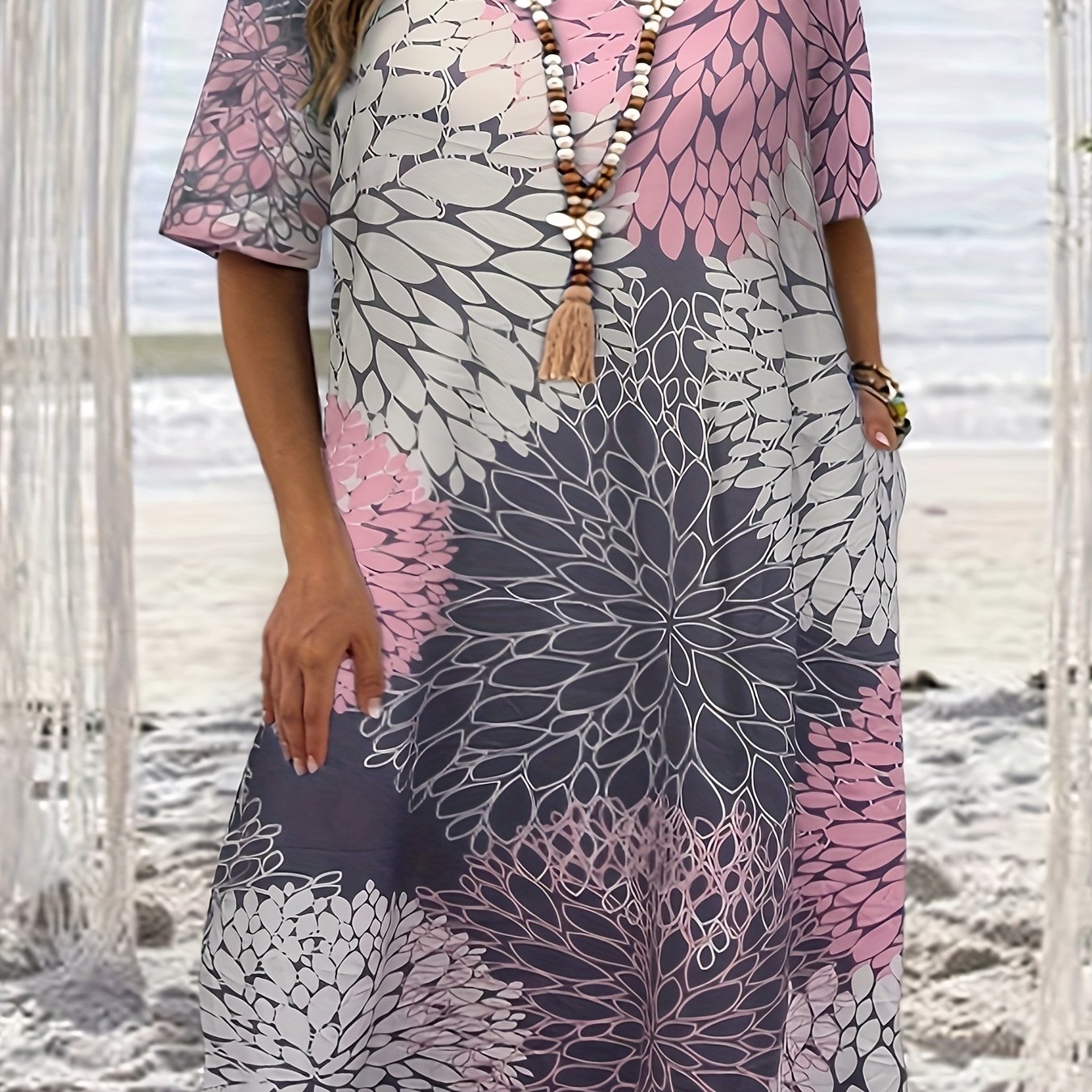 Women's Plus Floral Print Casual Dress with Pockets