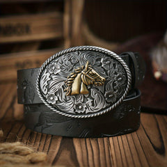 Men's Vintage Horse Embossed Dress Belt with Horse Buckle