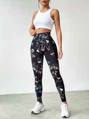 Flower Print Yoga Pants with Phone Pocket High Waist Leggings