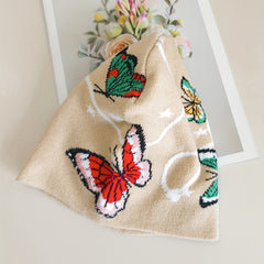 Butterfly Jacquard Beanie Khaki Soft Elastic Knit Hats For Women