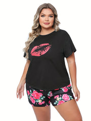 Kiss & Floral Print Tee & Shorts Pajama Set